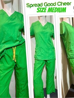 Unbranded Women’s Bright Green Wide Leg Scrub Pants Set - Medium